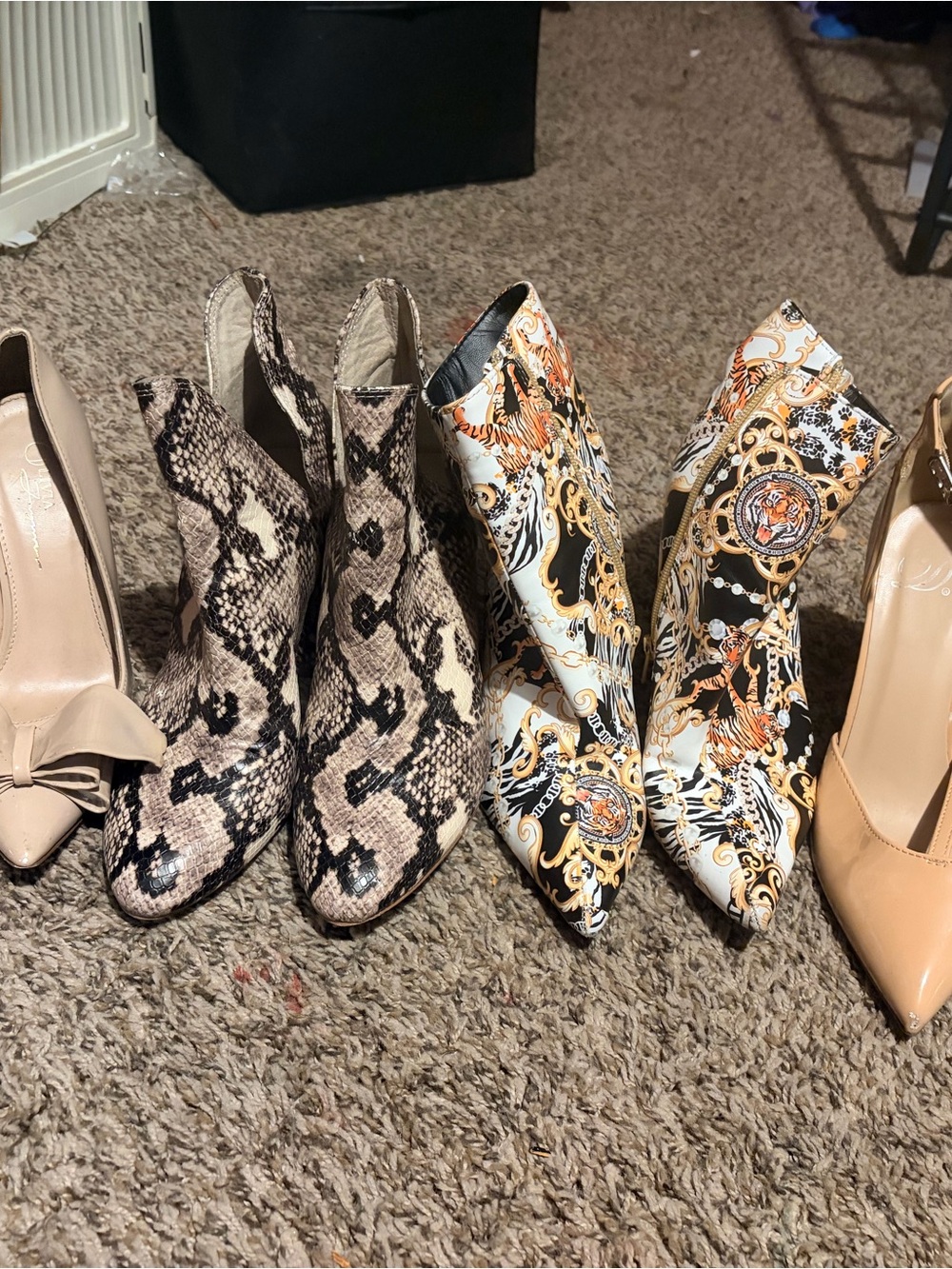 Bundle of Printed Pointed-Toe Ankle Boots in Snake and Baroque Prints